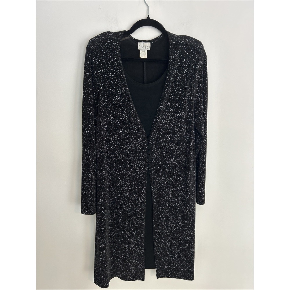 Expo Women's Sz16 Long Sleeve‎ Black Dress Attached Sparkle Button Cardigan